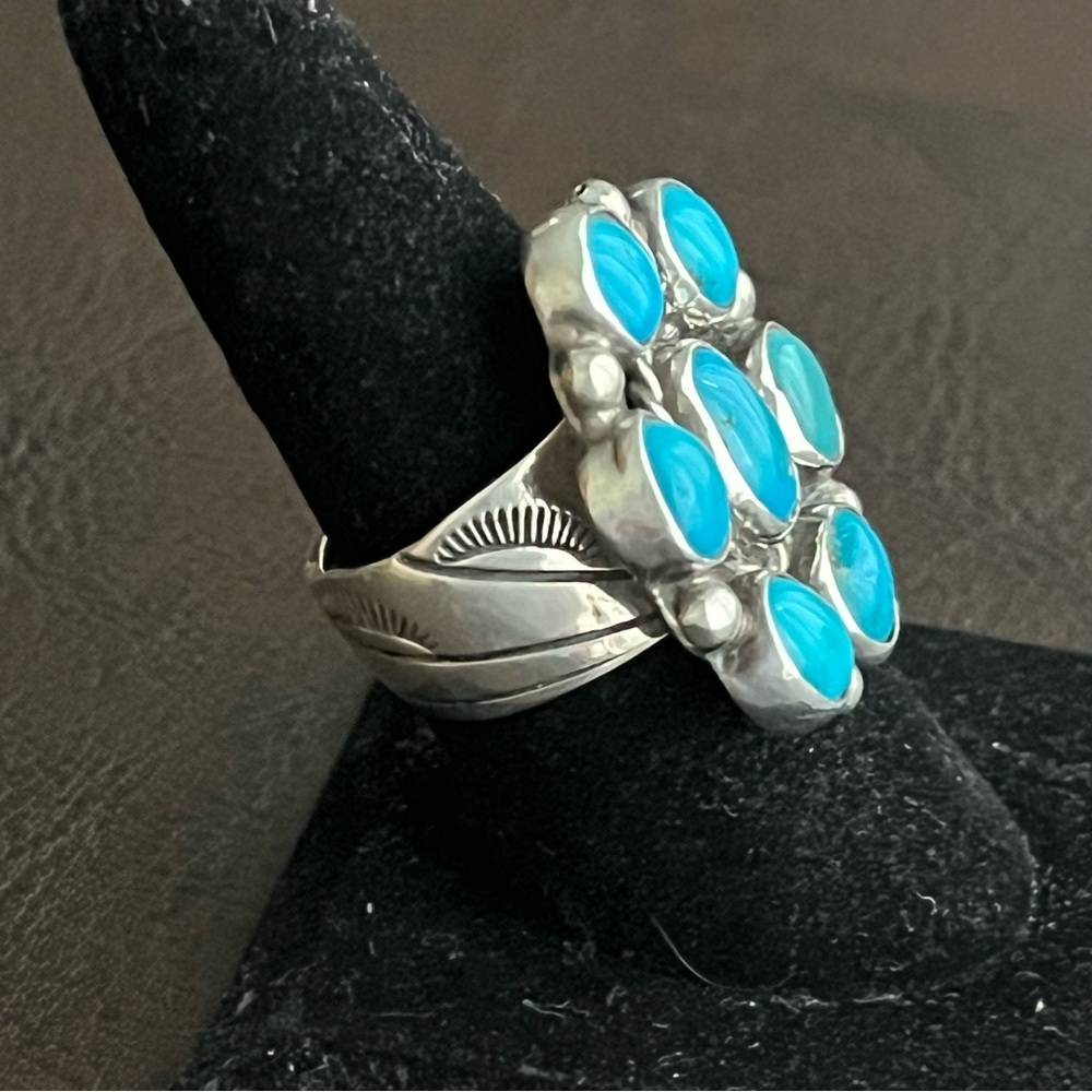 Vintage signed Zuni large Turquoise and sterling silver cluster ring - Picture 6 of 14